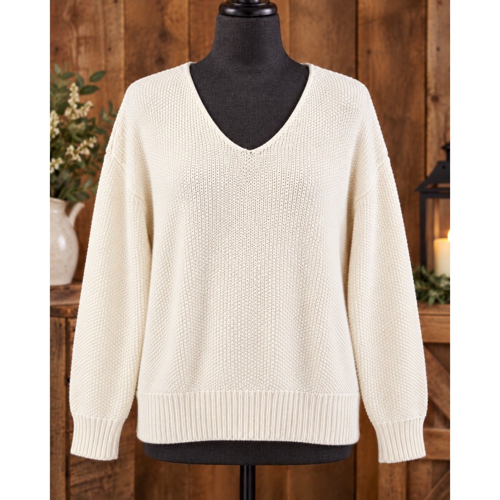Lucky Brand Cream V-Neck Shaker Knit Cotton Blend Sweater Small Coastal Boho